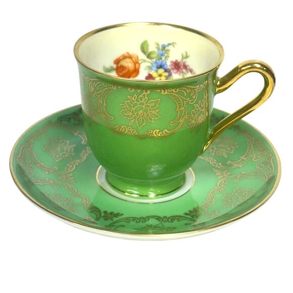 Bavaria Tirschenreuth PT Germany Demitasse Cobalt Green Rose Pink Cup Saucers 4 - Picture 4 of 15